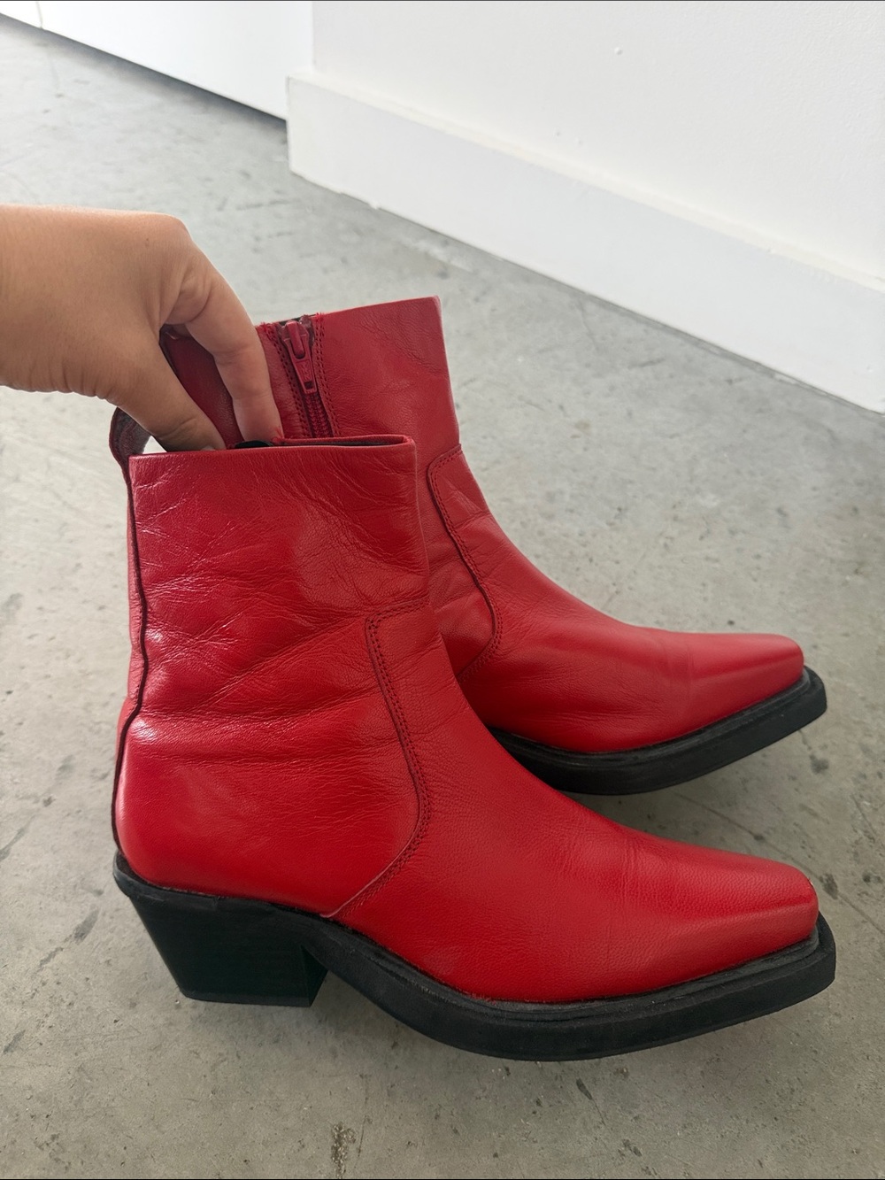 Topshop Red Leather Square-Toe Ankle Boots - Picture 5 of 6